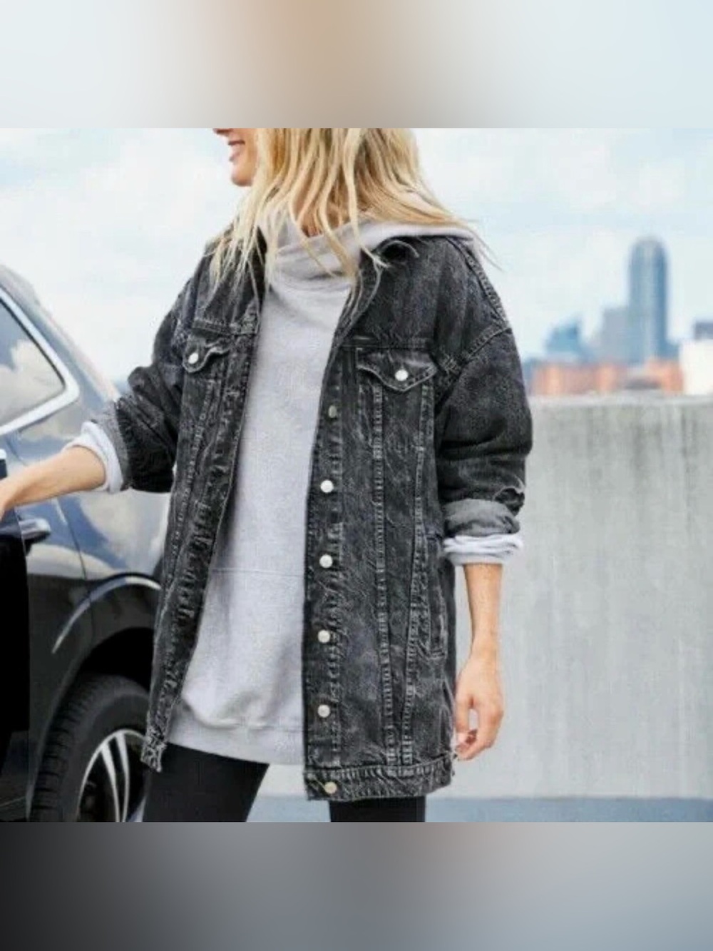 American Eagle Women's Black Acid Dark Wash Long Denim Jacket Size S